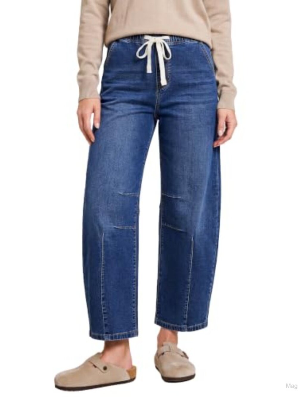 High Waisted Barrel Crop Jeans Women Wide Leg Drawstring Denim
